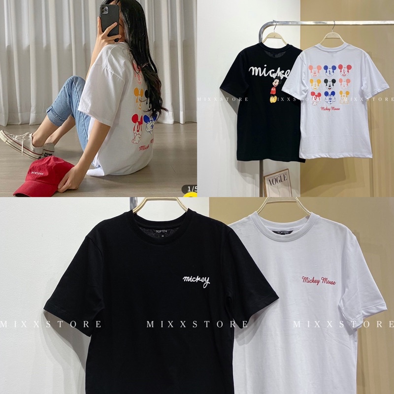Áo Thun Nữ In hình mickey 2 mặt trắng chất thun cotton mịn mát phom suông rộng thoải mái phong cách thời trang