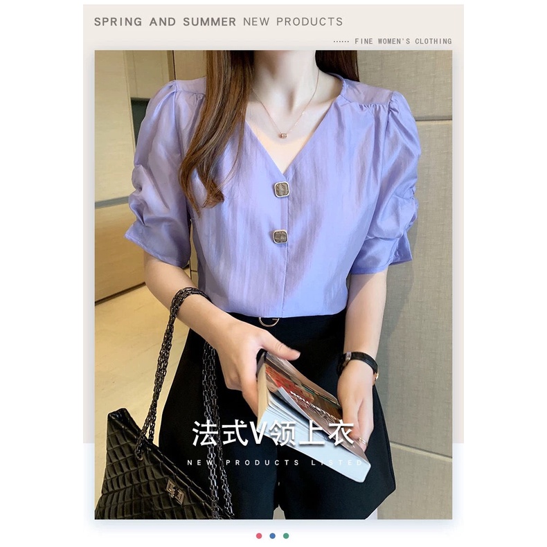 Áo Kiểu Nữ Chiffon Tay Ngắn Phồng Cổ Chữ v Thời Trang Áo Sơ Mi Dáng Rộng Phong Cách Phương Mùa Hè Nữ 2022