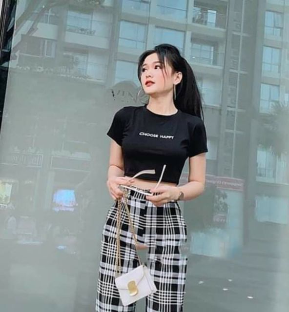 SET ÁO CROPTOP + QUẦN SUÔNG CARO ỐNG RỘNG TT51