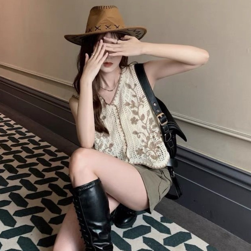 Áo Vest Dệt Kim Thêu Cổ Điển 198526 Áo Khoác Len Không Tay Cổ Chữ v Phong Cách Hàn Quốc