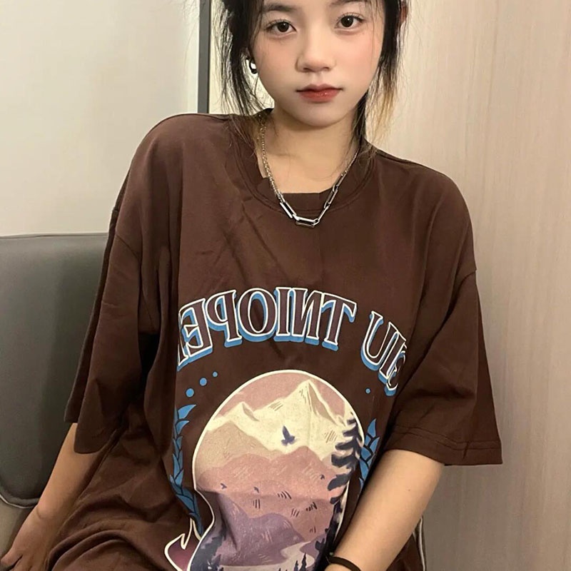 Áo Thun Tay Ngắn Cổ Tròn Dáng Rộng In Họa Tiết Phong Cách retro Mỹ Thời Trang Cho Nữ