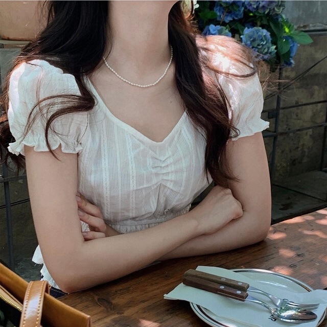 SUXI Áo Sơ Mi Tay Ngắn Cổ Chữ V Màu Sắc Đơn Giản Phong Cách Hàn Quốc