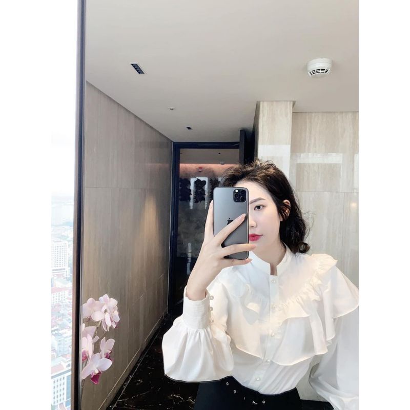 Sơ mi voan tơ tay bồng tiểu thư hai lớp phối cúc ngọc Tâm Clothings