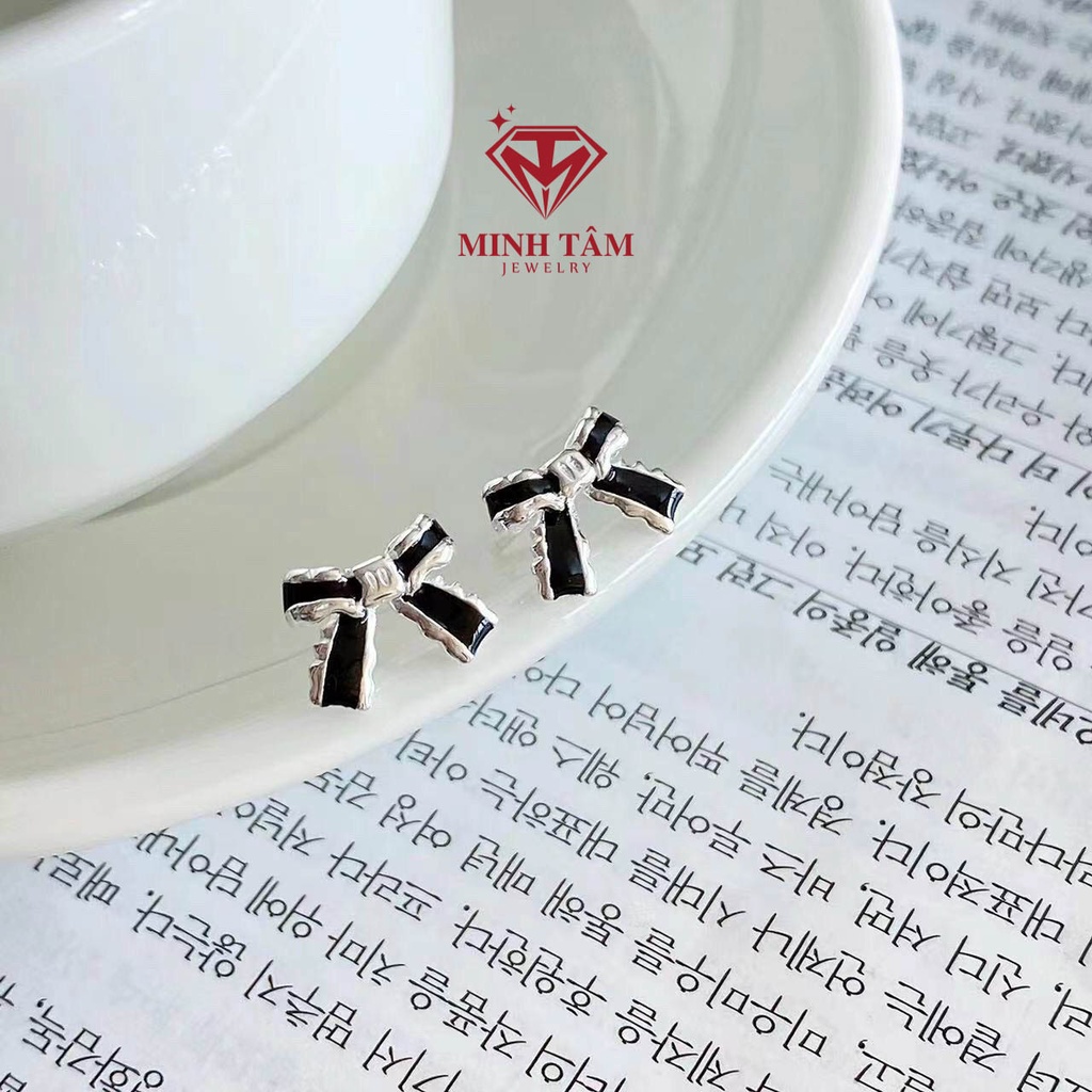 Bông tai bạc nữ hình nơ bạc ta, khuyên tai nơ chất liệu bạc ta Minh Tâm Jewelry