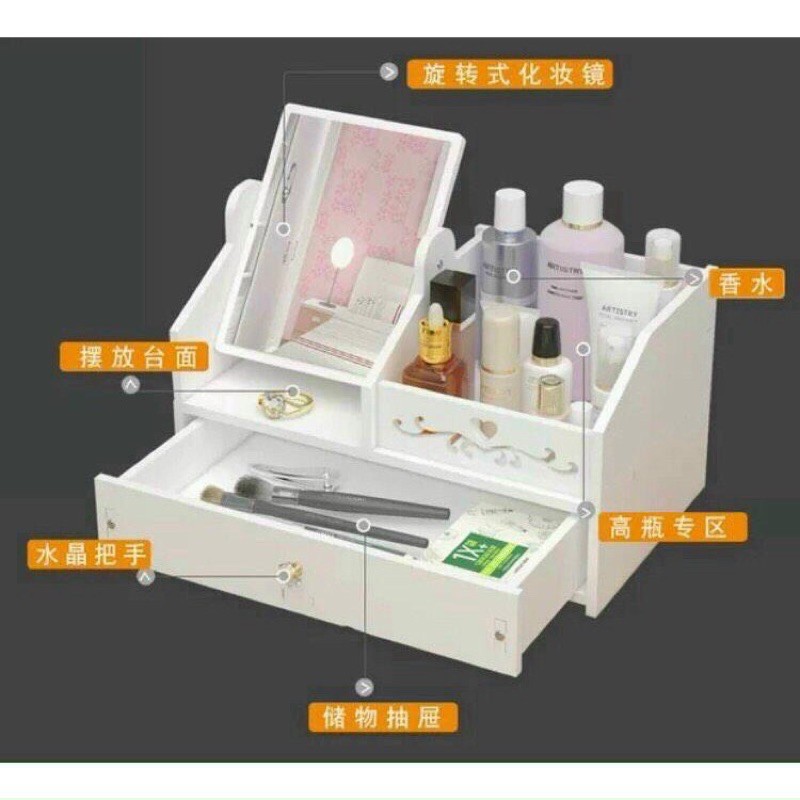 Kệ đựng mỹ phẩm có gương bằng gỗ cao cấp để bàn nhiều ngăn chống nước chống ẩm