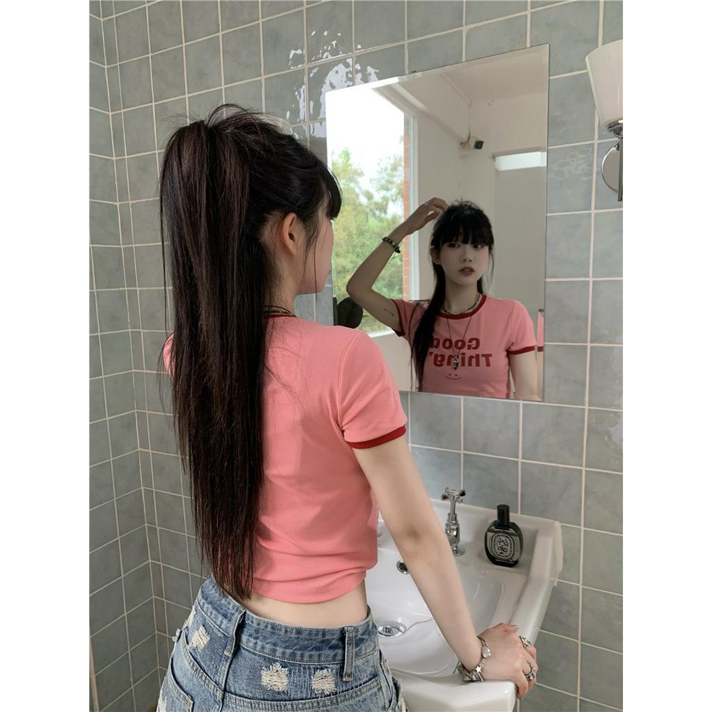 Áo Thun Cộc Tay Dáng Ôm In Chữ Màu Sắc Tương Phản Thời Trang Cho Nữ 62729