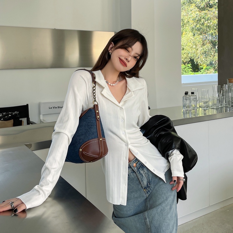 Cocory vn Áo sơ mi tay dài màu trơn dễ phối đồ thời trang sành điệu cho nữ