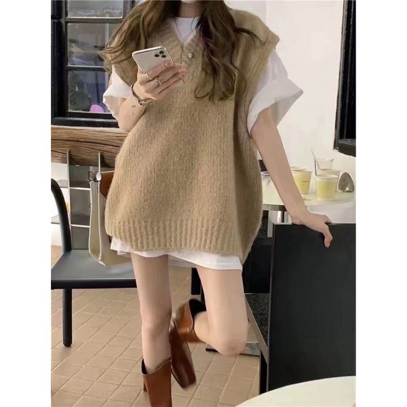 Áo len gile nữ trơn, form rộng vintage 2hand si tuyển - Helia House