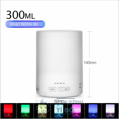 Máy Khuếch Tán Tinh Dầu Siêu Âm Cao Cấp Hình Trụ Dung Tích 300ml Có Đèn Led 7 Màu