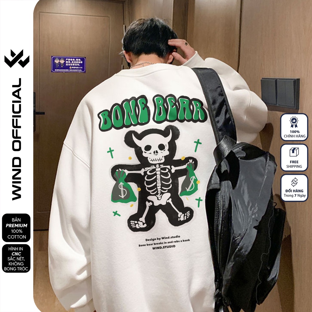 Áo sweater form rộng WIND unisex Bone Bear oversize tay dài thời trang nam nữ ulzzang