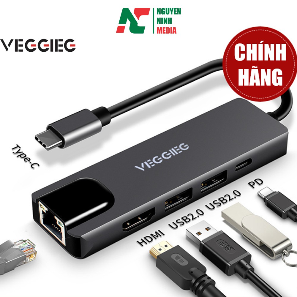 Cáp chuyển USB Type C sang HDMI + USB +LAN + PD VEGGIEG TC05