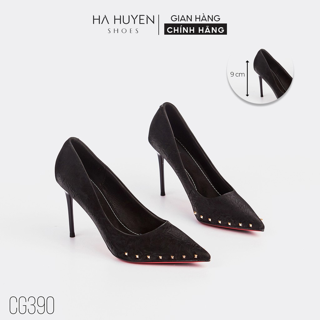 Giày cao gót nữ Hà Huyền Shoes mũi nhọn phối đinh tán viền đế gót nhọn 9 phân - CG390