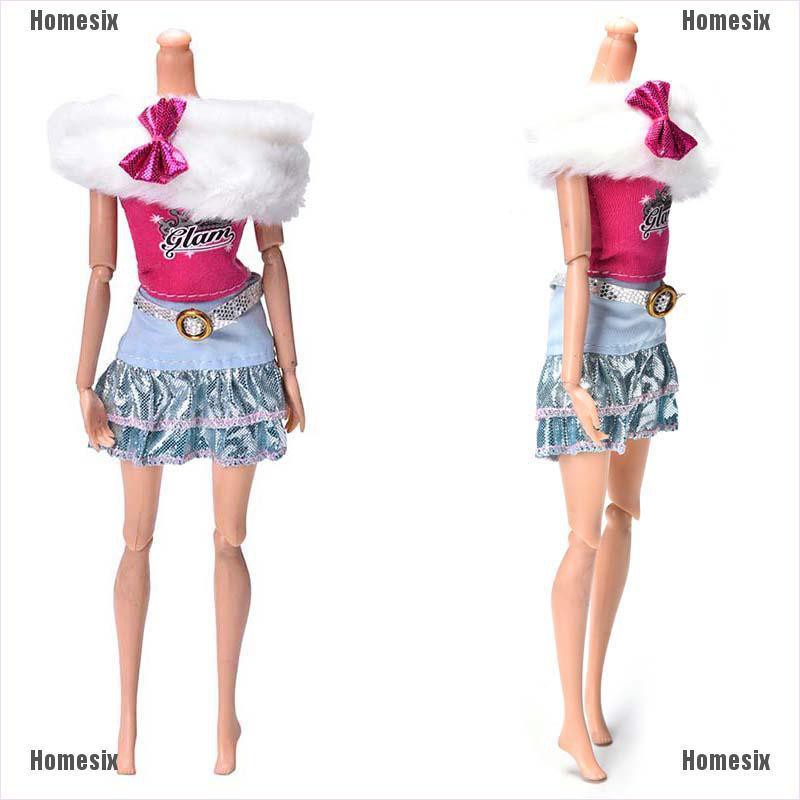 [HoMSI] 3 Pcs/Set White Fur Collar Skirt Suit for Barbie Dolls Pink Vest Fashion Clothes SUU