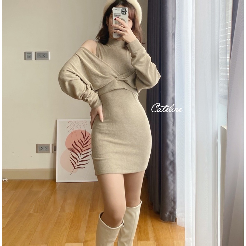 Set váy nữ Cateline len tăm body kèm khoác trễ vai chữ V quyến rũ - SCL001 | BigBuy360 - bigbuy360.vn