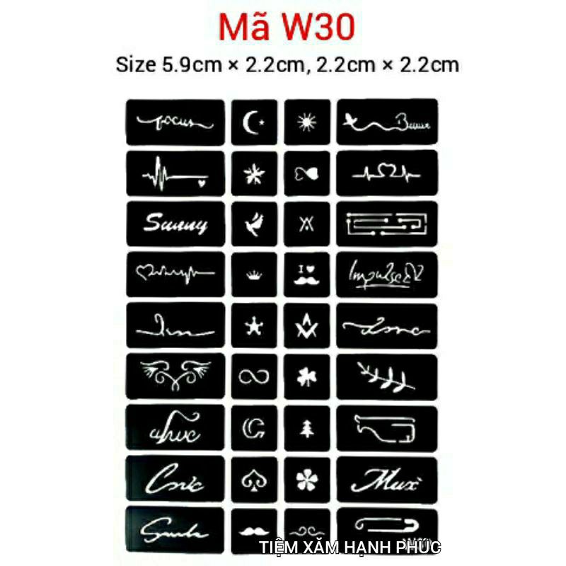 Khuôn hình xăm tạm thời gồm 40 hình xăm giả mã W30 (không bao gồm mực xăm tạm thời)