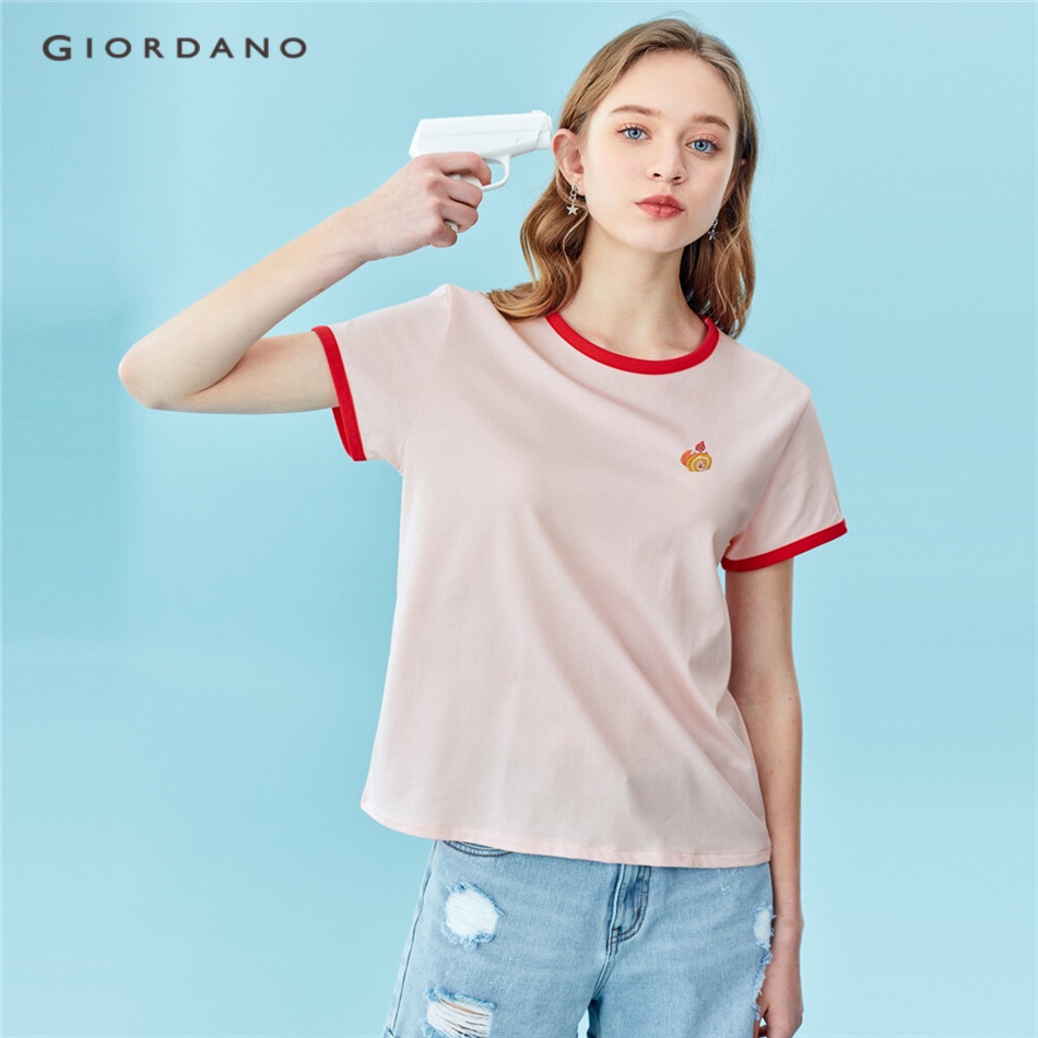 Áo thun GIORDANO 90321407 cổ tròn màu tương phản năng động cho phái nữ