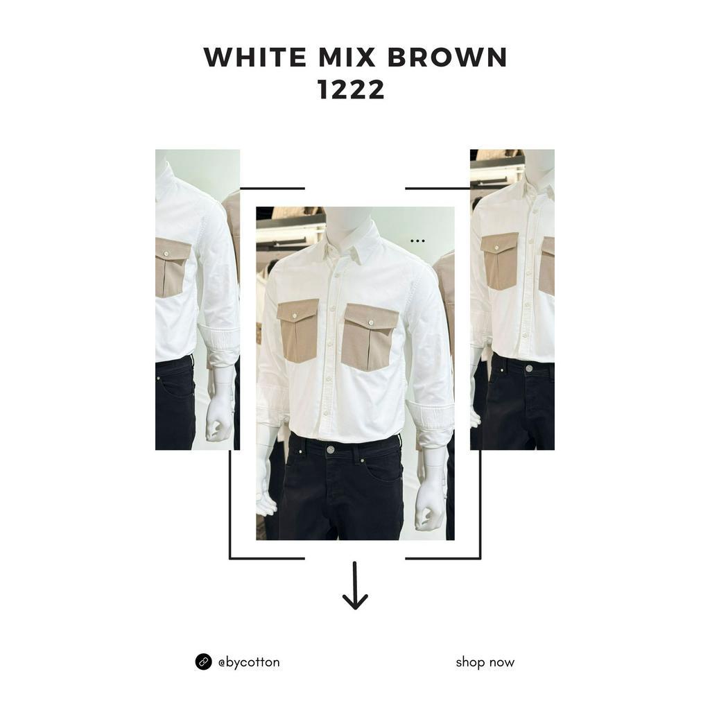 Áo Sơ Mi Nam Dài Tay Trơn BY COTTON White Mix Brown 1222