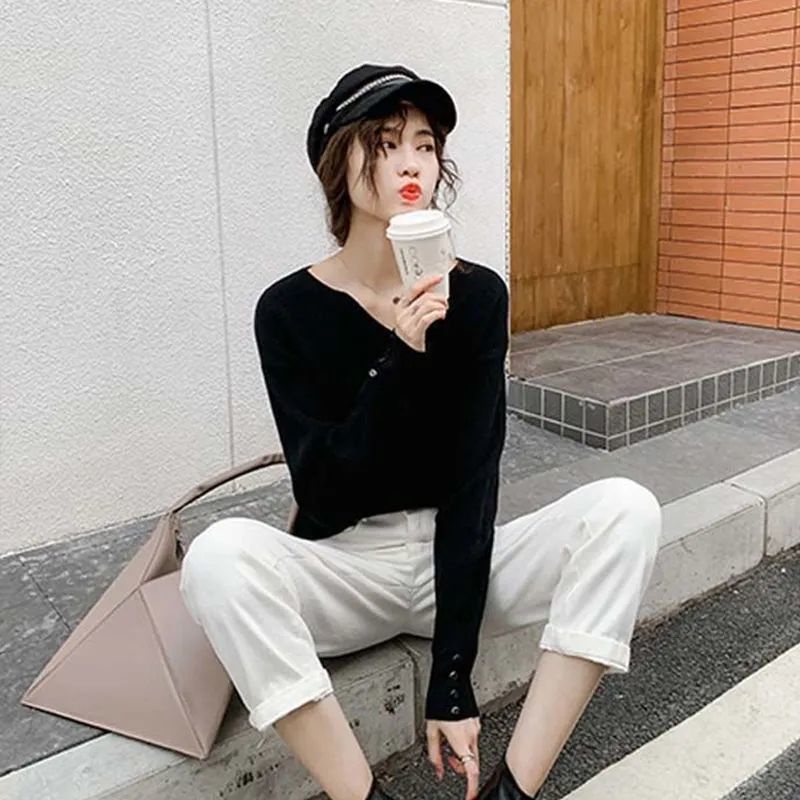 Áo sweater cổ chữ V mềm mại thiết kế dáng rộng phong cách Hàn Quốc thời trang thu đông cho nữ