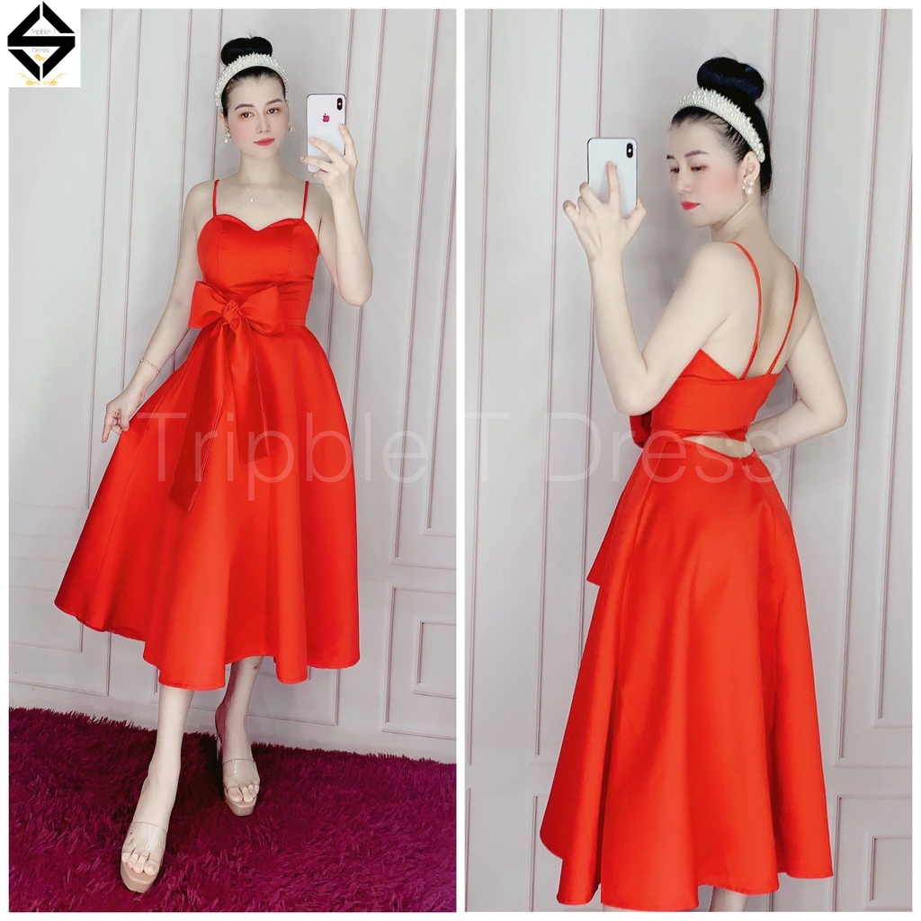 Đầm xoè dự tiệc 2 dây hở lưng cột nơ siêu yêu TRIPBLE T DRESS - size M/L - MS107Y