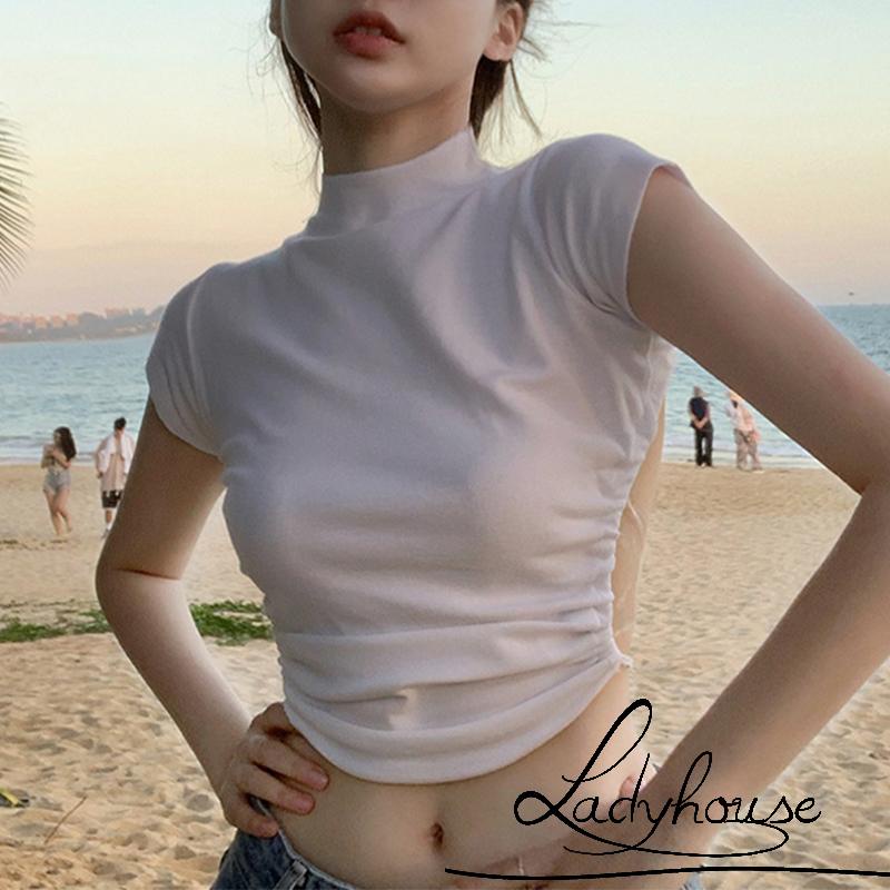 Áo Thun Crop Top Tay Ngắn Cổ Rùa Hở Lưng Màu Sắc Trơn Dành Cho Nữ