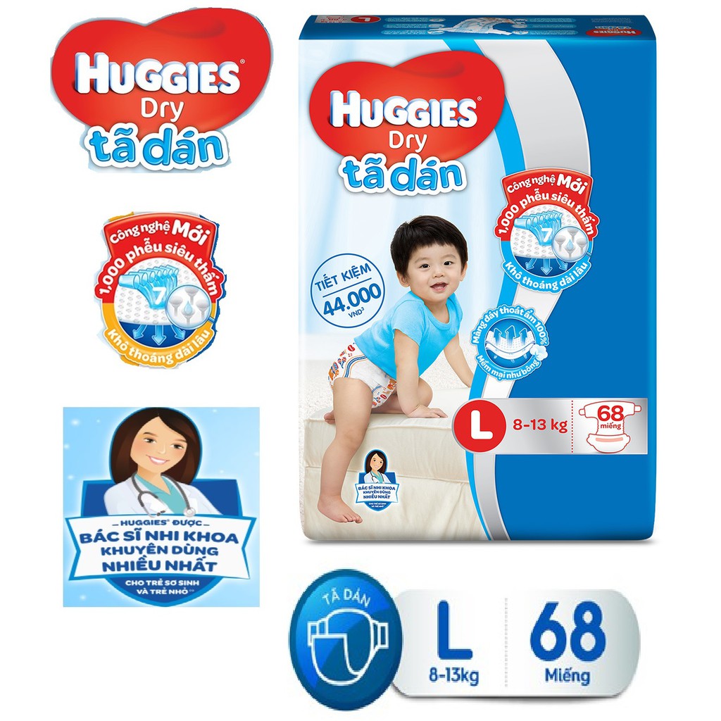 TÃ DÁN HUGGIES MẪU MỚI LOGO ĐỎ L68 MIẾNG --- DÀNH CHO BÉ 8-13KG