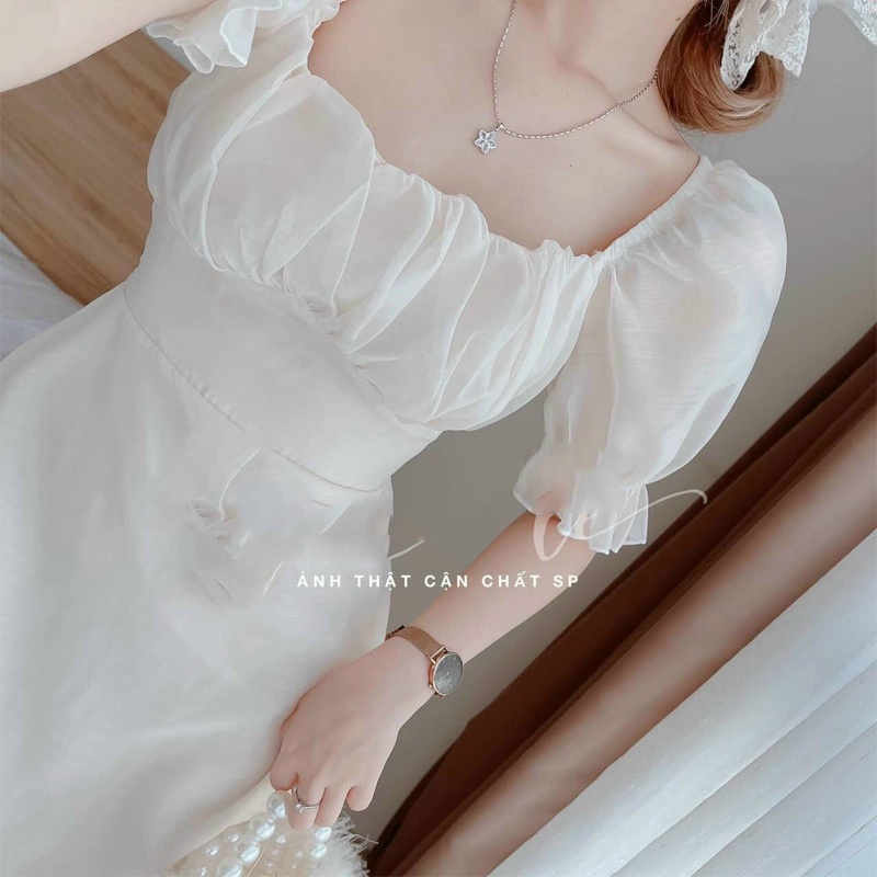 Đầm midi xếp ly nhún ngực tay bồng váy nữ đi tiệc dáng xòe thắt nơ lưng sang trọng thanh lịch