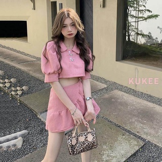 Áo polo tay ngắn kiểu phồng/ chân váy chữ A nhún bèo thời trang mùa hè cho nữ 2021