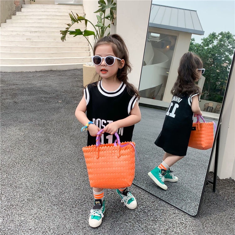 Đầm Cotton Chữ A Tay Lửng In Họa Tiết Bóng Rổ Thời Trang Mùa Hè Hàn Quốc Dành Cho Bé Gái