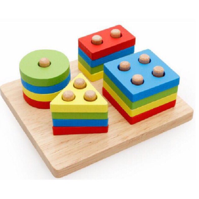 Đồ chơi gỗ,Thả Hình Khối Luồn Cọc Montessori 4 cọc - Giúp bé Học Phân Biệt Màu Sắc, Hình Khối