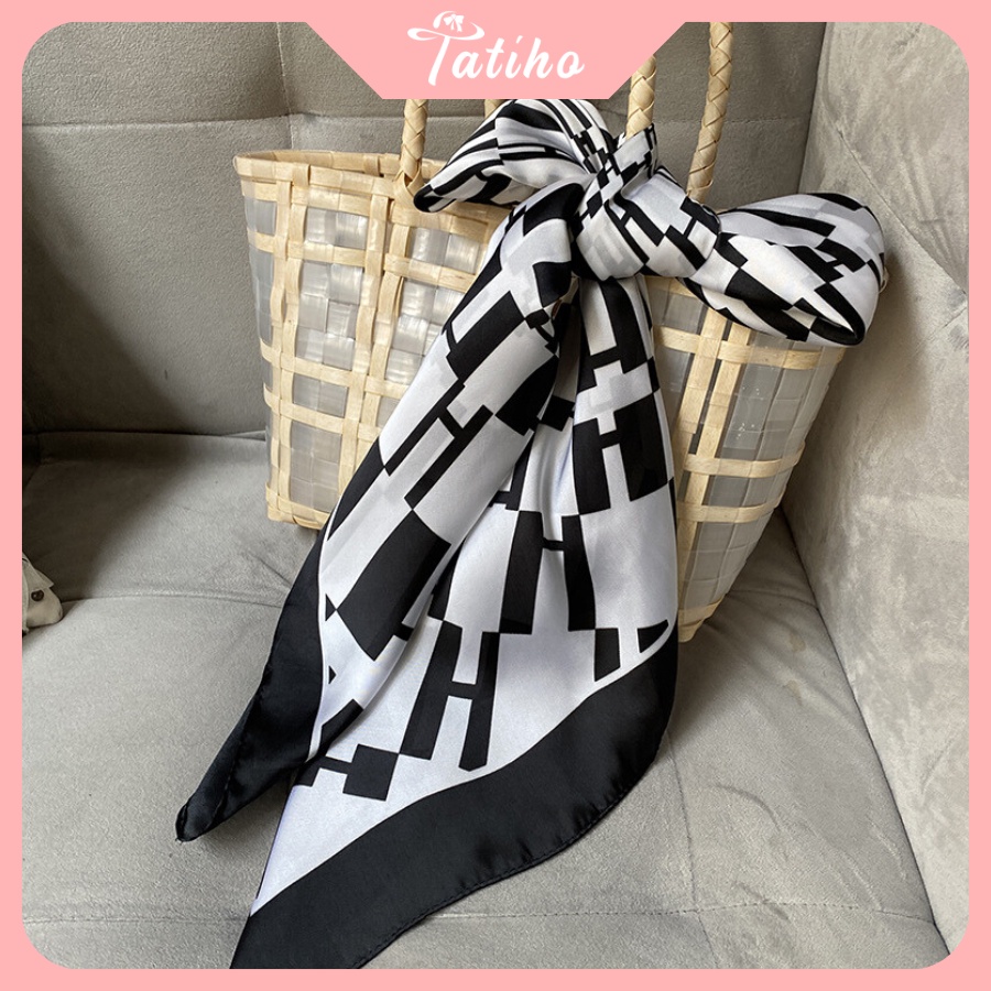 Khăn Lụa Vuông Turban Cao Cấp Họa Tiết Hình Chữ &quot;H&quot; Làm Áo Quàng Cổ - Chất Liệu Silk - 90x90cm - Tatiho - Mã KL055