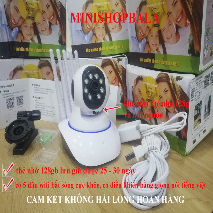 Camera 3.0 mpx,có tiếng việt, có 5 dâu wifi full HD 1920x1080p kèm thẻ nhớ 256G LƯU được 25-30 ngày. Bảo hành 18t