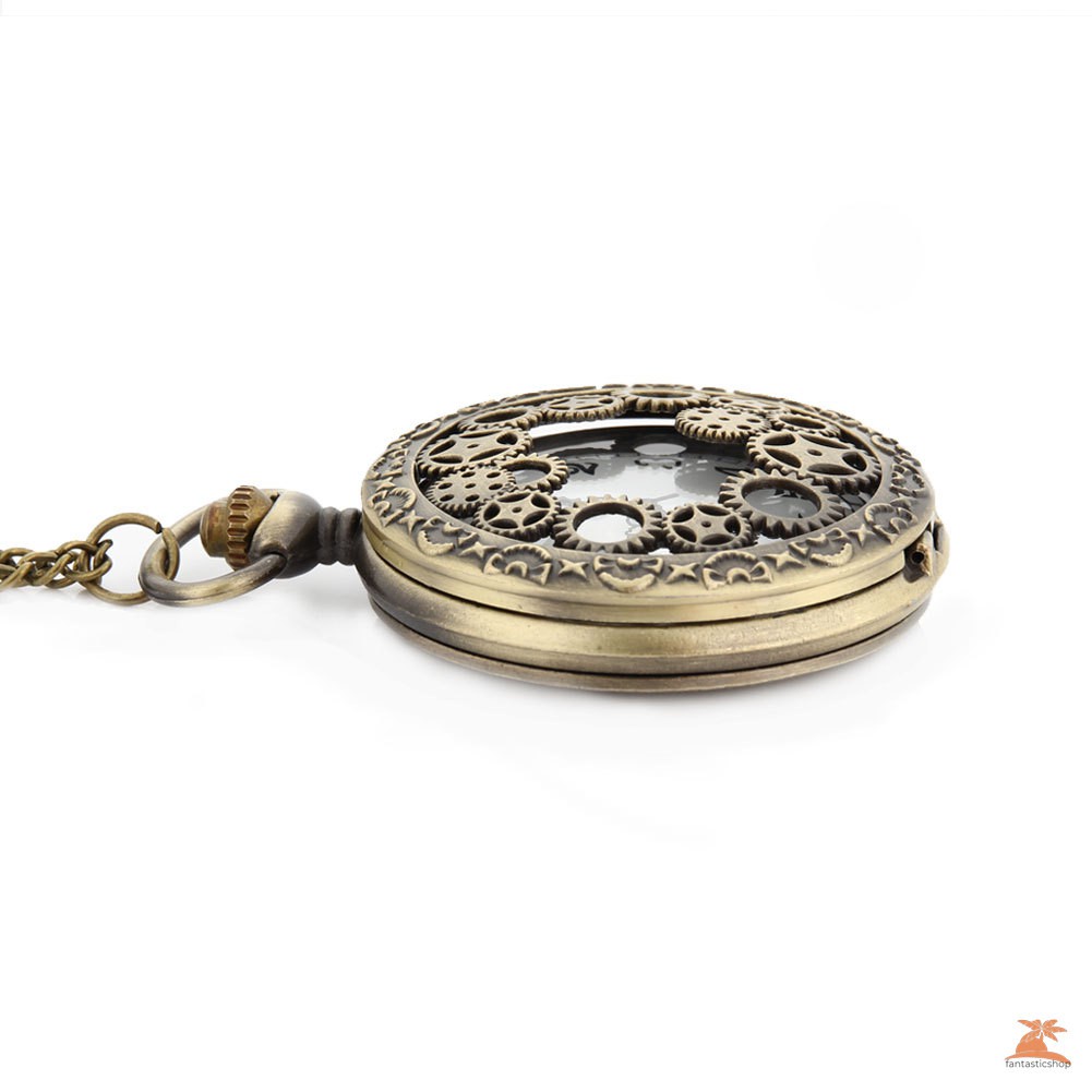 #Đồng hồ bỏ túi# Retro Design Hollow Gear Fob Watch Vintage Bronze Pocket Watch Necklace Chain Pendant