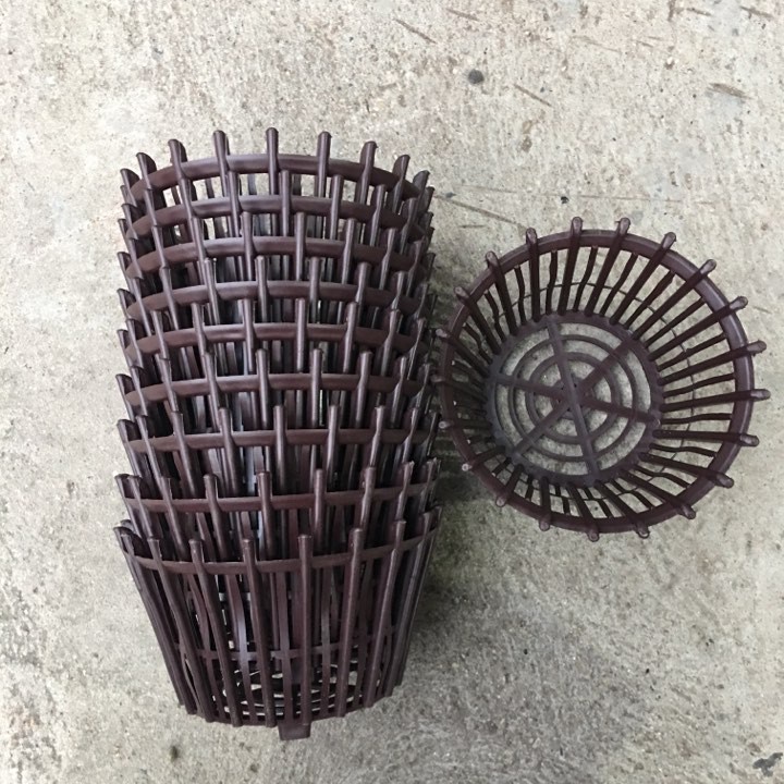 Bộ 10 chậu nhựa giả gỗ treo lan có nan phụ phi 27 và 10 móc kẽm dài 80cm