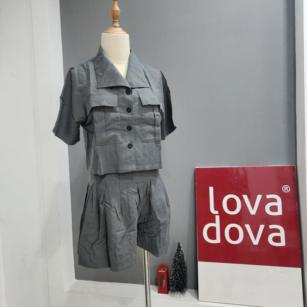 Set Đồ Nữ, Ngắn Tay, Cách Điệu Áo Vest, Quần Có Khóa Kéo Sau, Màu Xanh / Xám - Lovadova 22D04C002