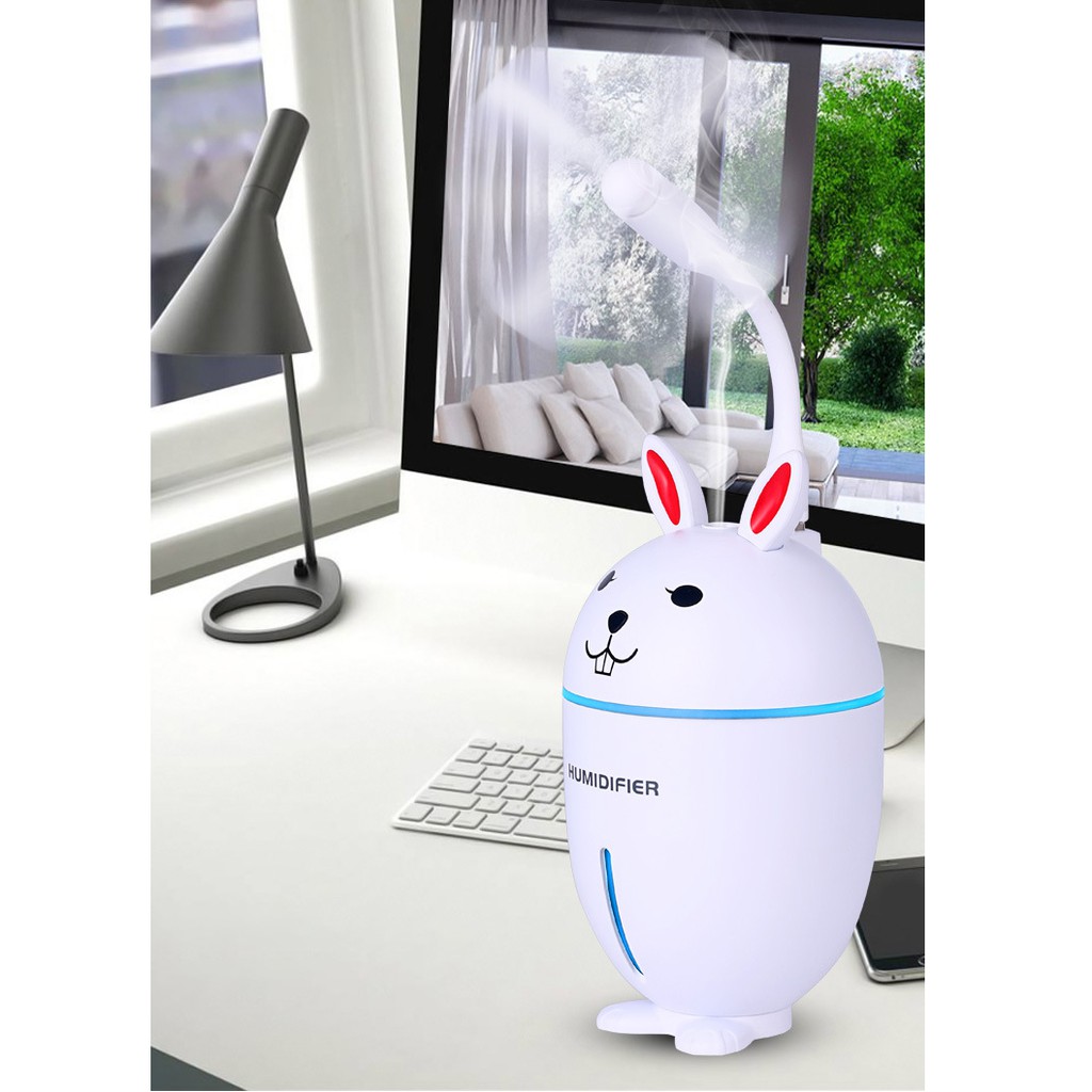 Máy Xông Tinh Dầu Hình Bé Thỏ Cute, Làm Ẩm Không Khí 4 Trong 1, Có Cổng Sạc USB (3 màu)