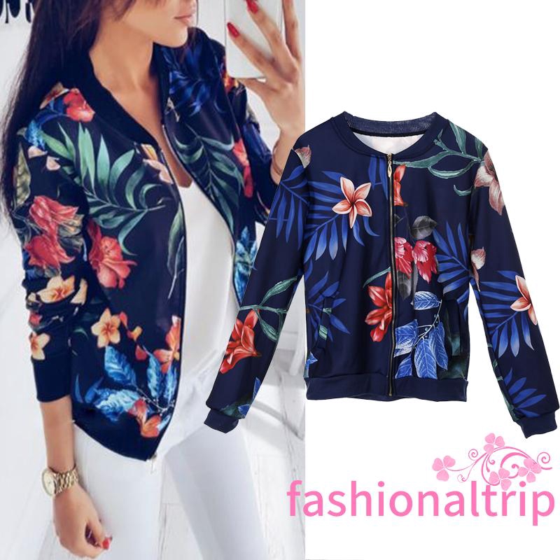 ì _ íFashion Womens Ladies Retro Floral Zipper Up Bomber Jacket Casual Coat Outwear