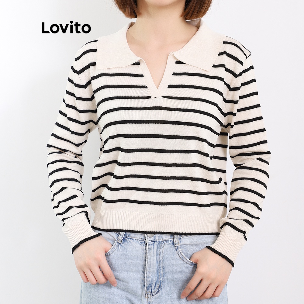  Áo Lovito tay dài cổ polo kiểu chữ V kẻ sọc phong cách Preppy L08215 (Màu be) | BigBuy360 - bigbuy360.vn