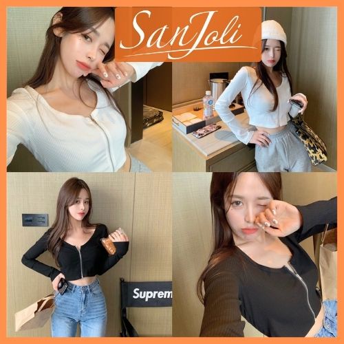 Áo Croptop Ôm Tay Dài SANJOLI Áo Kiểu Croptop Nữ Body Sexy Cổ Tim  Đẹp Bánh Bèo Trắng Đen AO036
