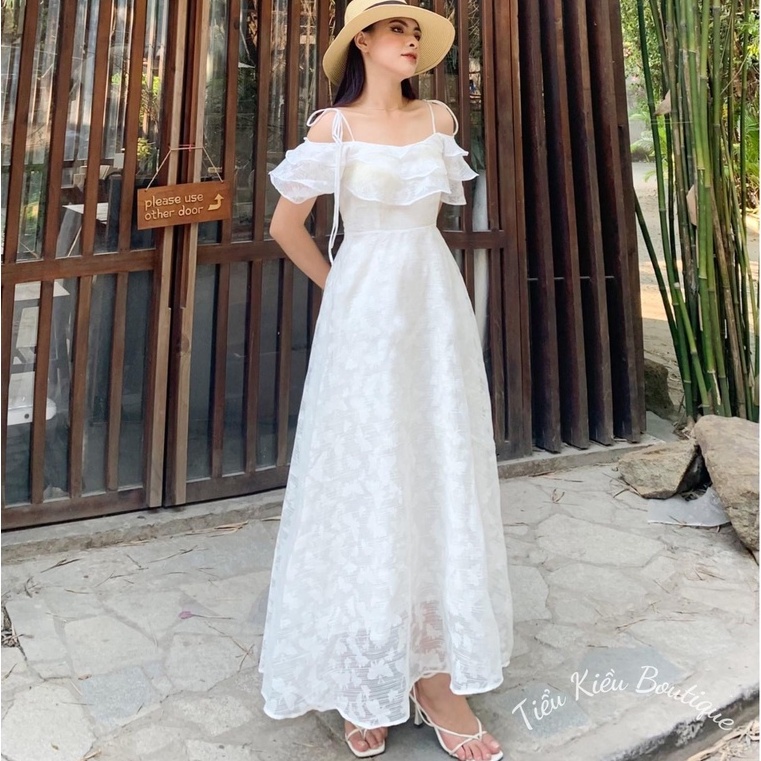 Đầm maxi 2 dây ren nổi trễ vai suông dài váy đi chơi đi biển HATI