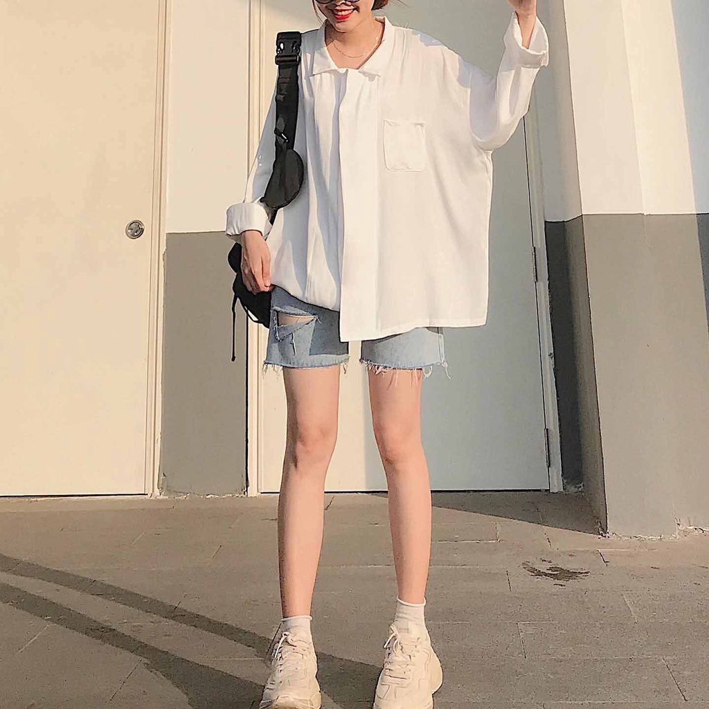 Áo Sơ Mi Nữ Kiểu Form Rộng Vạt To Sơ Mi Trắng Nữ Dài Tay Trơn Basic Oversize Phong Cách Hàn Quốc 1538 Gous.go