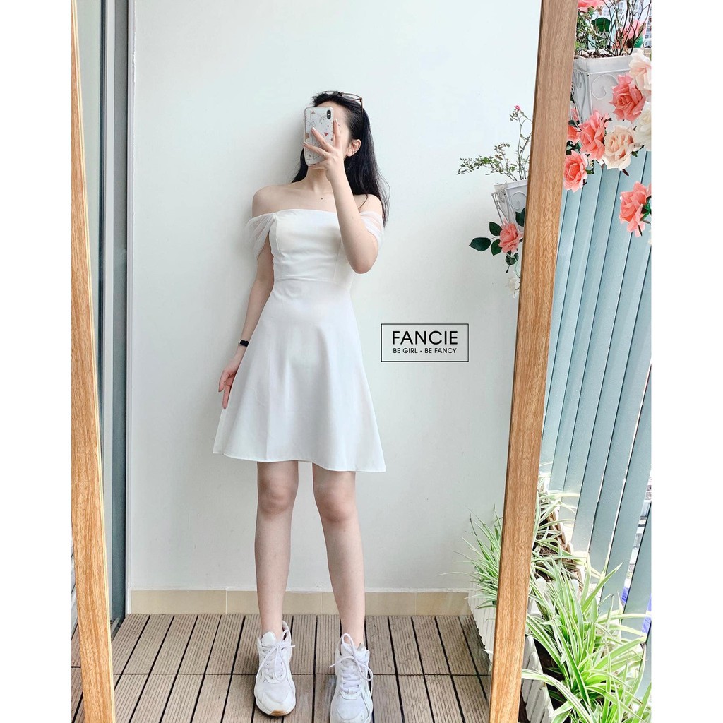 kèm hình thật]Đầm nữ trắng trễ vai tay lưới dự tiệc dáng xòe sang chảnh | BigBuy360 - bigbuy360.vn