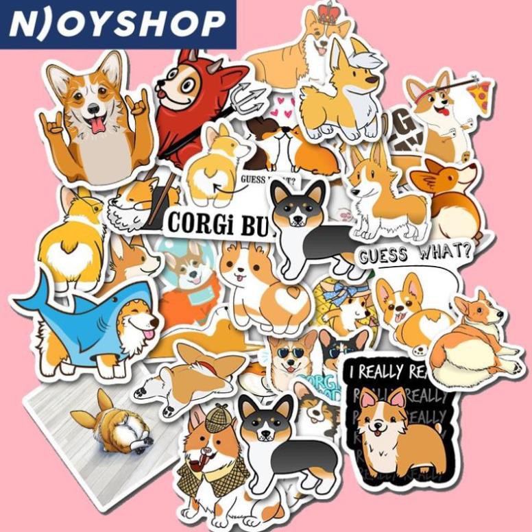 SET 50 MIẾNG STICKER CHÚ CHÓ CORGI DỄ THƯƠNG CHỐNG NƯỚC DÁN NÓN BẢO HIỂM, LAPTOP, VALI, TỦ, BÀN HỌC, XE MÁY