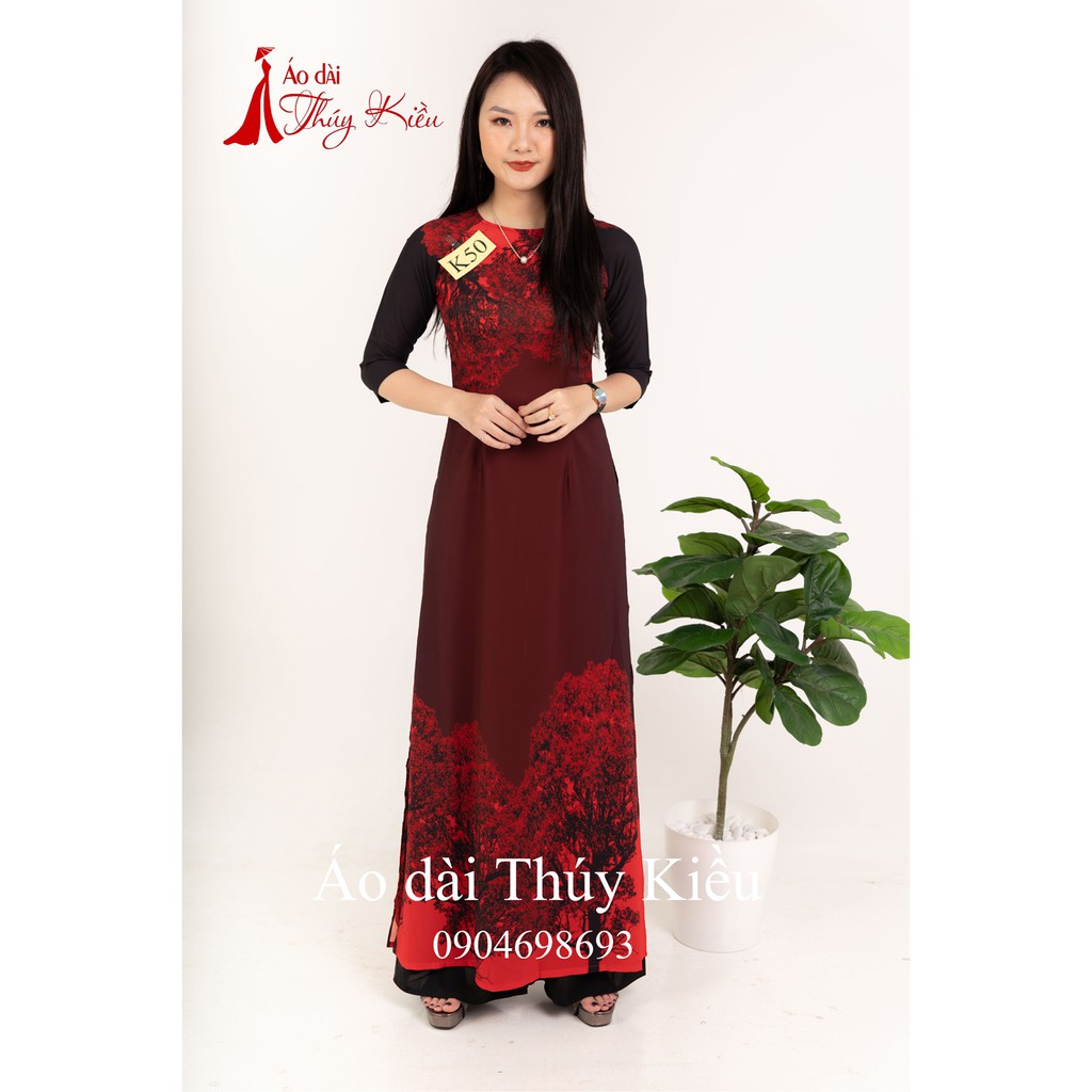 Áo dài Thúy Kiều in 3D lụa Nhật đỏ thẩm K50 ADTK
