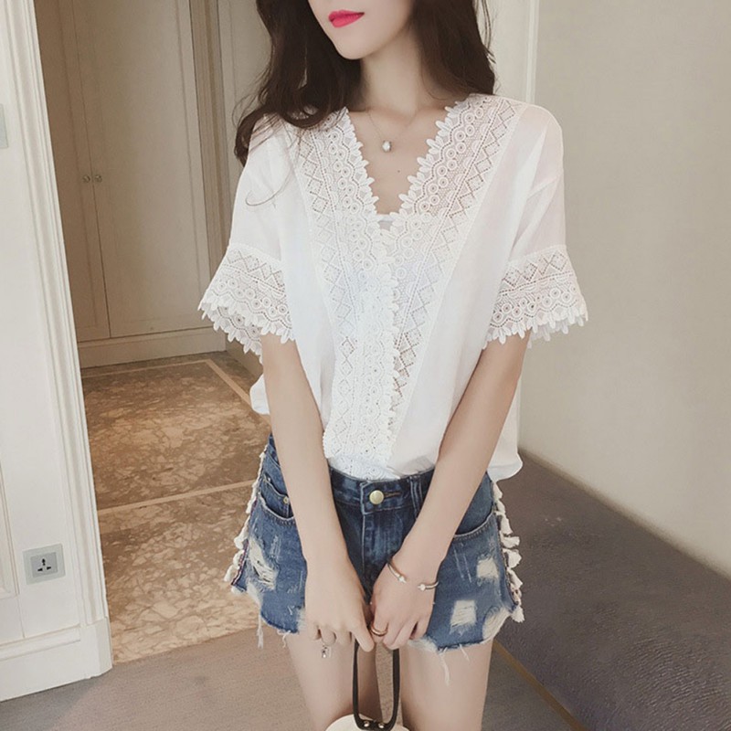 Áo ngắn tay cổ chữ V phối ren quyến rũ cho nữ