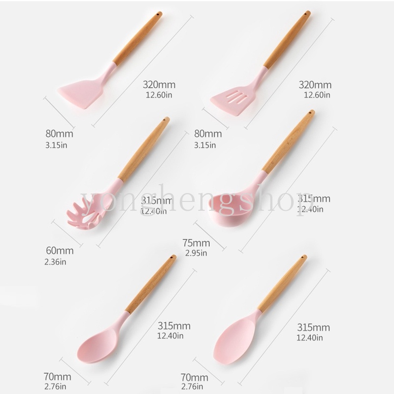Muỗng Silicone Cán Gỗ Không Dính Màu Hồng Cho Nhà Bếp