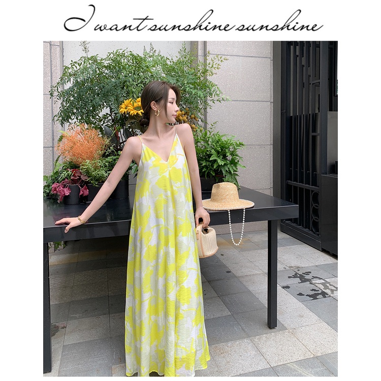VÁY ĐẦM MAXI 2 DÂY HOA VÀNG TƯƠI MÁT