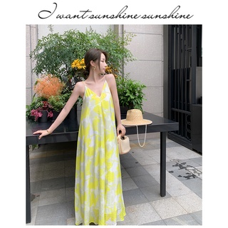 VÁY ĐẦM MAXI 2 DÂY HOA VÀNG TƯƠI MÁT