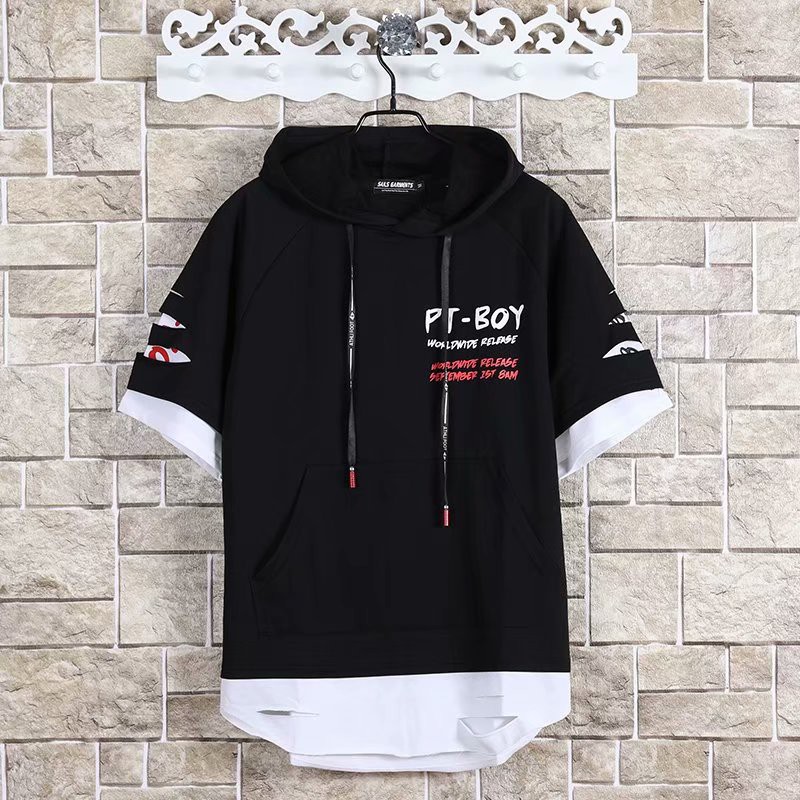 Áo hoodie tay ngắn giả hai lớp dáng rộng trẻ trung hợp thời trang dành cho nam | BigBuy360 - bigbuy360.vn