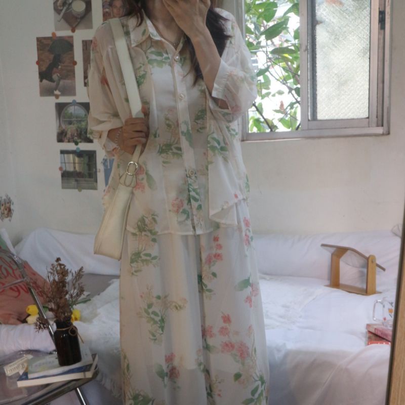 Set áo sơ mi hoa nhí và chân váy xoè dài ulzzang order