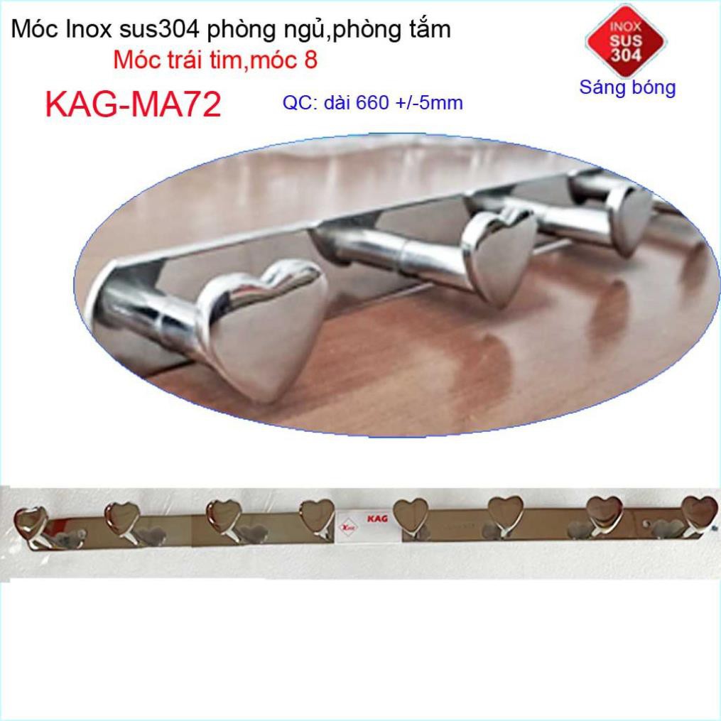 Móc treo quần áo inox 304 cao cấp dày, móc tim Kace 8 móc treo đồ nhà tắm KAG-MA72